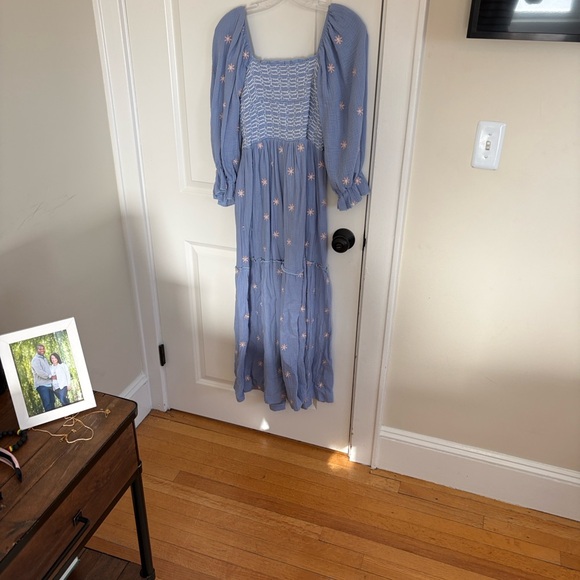 Smocked Square-Neck Maxi Dress in Light Periwinkle with Pink Embroidery - Picture 2 of 2